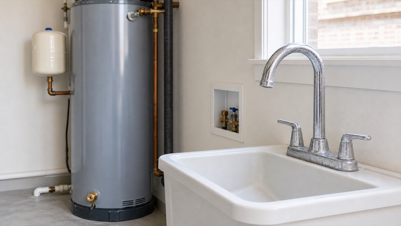 Utility sink faucet and water heater in a clean newer home utility area
