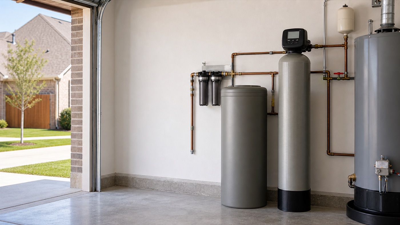 Water softener equipment installed in a clean newer North Texas garage