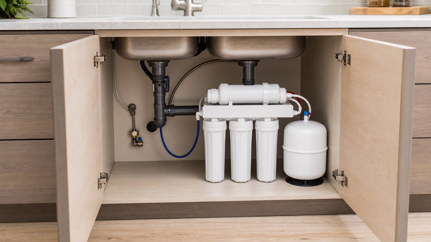 Under-sink reverse osmosis system installed in a clean kitchen cabinet