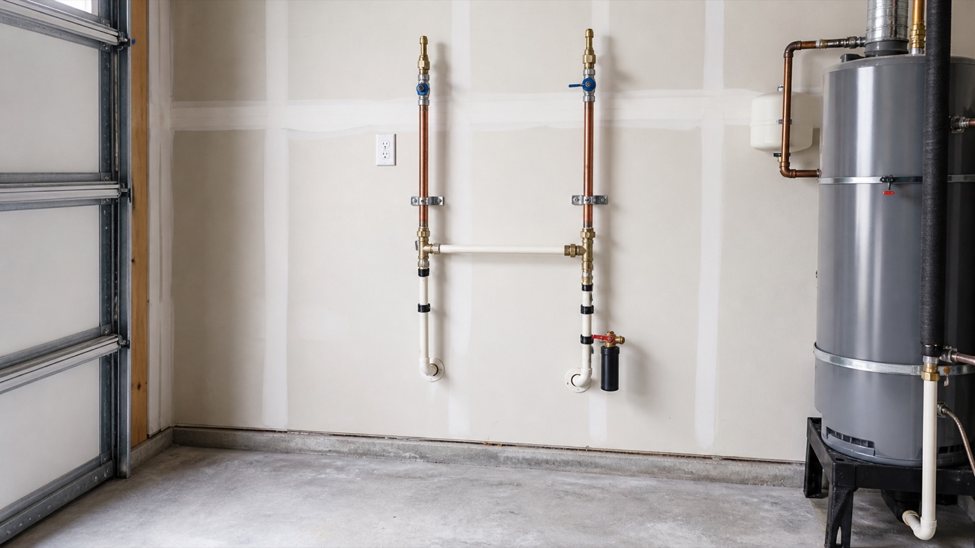 Pre-plumbed water softener loop on a clean garage wall