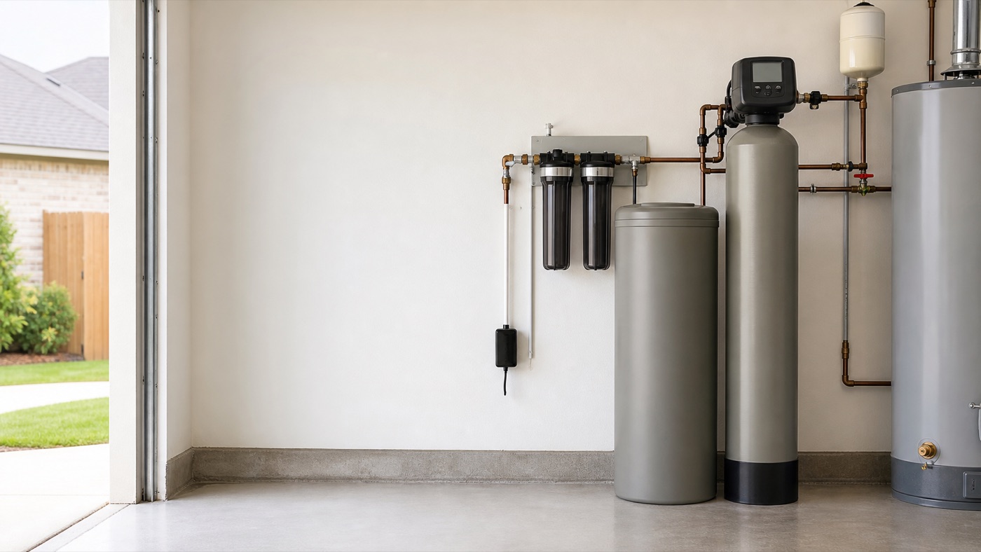 Residential water treatment equipment installed in a clean garage
